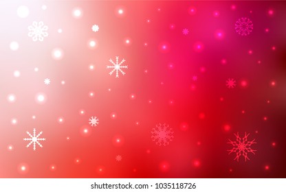 Light Red vector cover with beautiful snowflakes. Snow on blurred abstract background with gradient. The pattern can be used for new year ad, booklets.