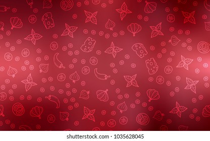 Light Red vector cover with cuisine gourmet. Illustration with set of fresh food in doodle style. Pattern for menu of cafes, bars, restaurants.