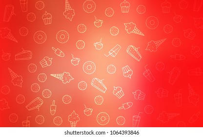 Light Red vector cover with set of confections. Illustration with set of sweet food in doodle style. Design for ad, poster, banner of cafes or restaurants.