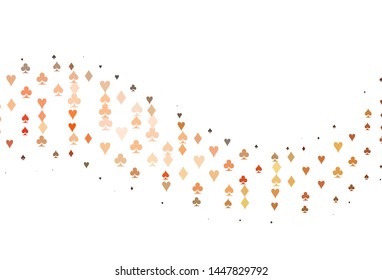 Light Red vector cover with symbols of gamble. Colored illustration with hearts, spades, clubs, diamonds. Template for business cards of casinos.