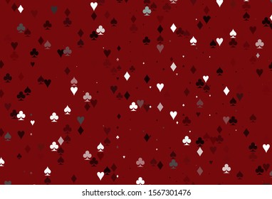 Light Red vector cover with symbols of gamble. Colored illustration with hearts, spades, clubs, diamonds. Smart design for your business advert of casinos.