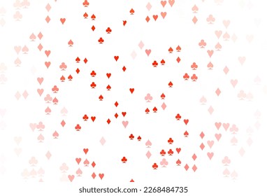 Light Red vector cover with symbols of gamble. Blurred decorative design of hearts, spades, clubs, diamonds. Template for business cards of casinos.