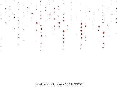 Light Red vector layout with elements of cards. Colored illustration with hearts, spades, clubs, diamonds. Pattern for booklets, leaflets of gambling houses.