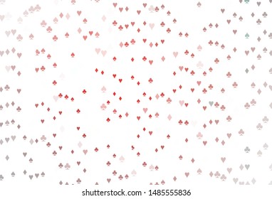 Light Red vector layout with elements of cards. Shining illustration with hearts, spades, clubs, diamonds. Template for business cards of casinos.