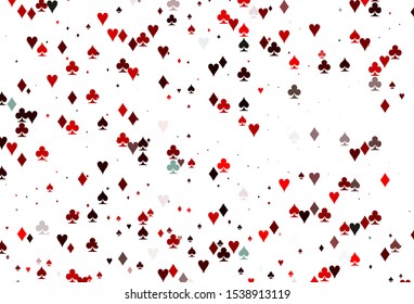 Light Red vector layout with elements of cards. Illustration with set of hearts, spades, clubs, diamonds. Design for ad, poster, banner of gambling websites.