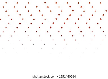Light Red vector layout with elements of cards. Blurred decorative design of hearts, spades, clubs, diamonds. Template for business cards of casinos.