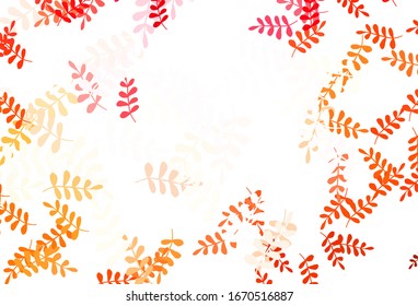 Obra natural vectorial de color rojo claro con hojas. Ilustración colorida en estilo doodle con hojas. Diseño pintado a mano para web, envoltura.