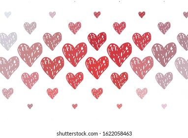 Light Red vector pattern with colorful hearts. Illustration with shapes of gradient hearts on blur backdrop. Template for Valentine's greeting postcards.