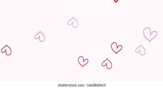 Light Red vector pattern with colorful hearts. Blurred decorative design in doodle style with hearts. Design for your business advert of anniversary.