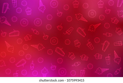 Light Red vector pattern with delicious cookies. Illustration with set of sweet food in doodle style. Doodle design for your business advert of cafes.