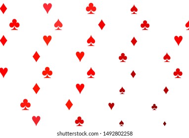 Light Red vector pattern with symbol of cards. Blurred decorative design of hearts, spades, clubs, diamonds. Pattern for leaflets of poker games, events.
