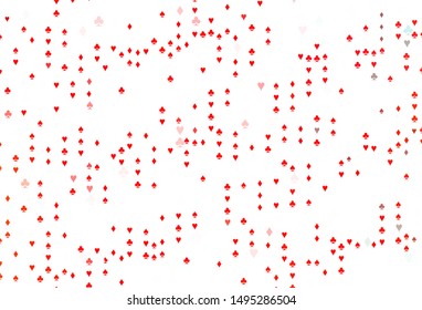 Light Red vector pattern with symbol of cards. Blurred decorative design of hearts, spades, clubs, diamonds. Template for business cards of casinos.