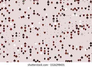 Light Red vector pattern with symbol of cards. Illustration with set of hearts, spades, clubs, diamonds. Pattern for ads of parties, events in Vegas.
