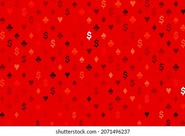Light red vector pattern with symbol of cards. Shining illustration with hearts, spades, clubs, diamonds. Pattern for leaflets of poker games, events.