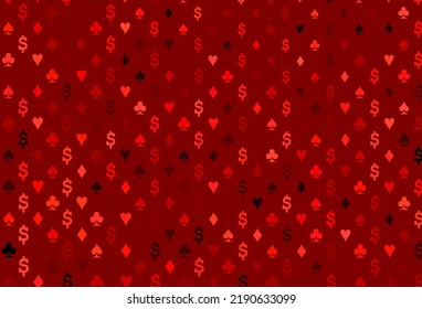 Light red vector pattern with symbol of cards. Glitter abstract sketch with isolated symbols of playing cards. Template for business cards of casinos.