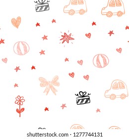 Light Red vector seamless backdrop with holiday gifts. Design in xmas style with a toy car, heart, baloon, tulip, candy, ball. Pattern for birthday gifts.