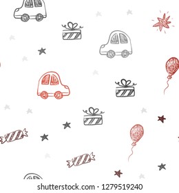 Light Red vector seamless backdrop in holiday style. Design in xmas style with a toy car, baloon, candy, star, ball. Template for new year postcards.