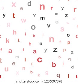 Light Red vector seamless backdrop with english symbols. Abstract illustration with colored latin alphabet. Template for business cards, websites.
