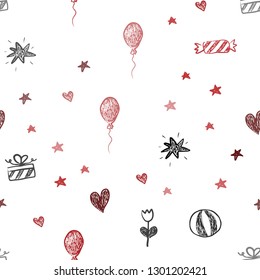 Light Red vector seamless backdrop with holiday gifts. Illustration with a colorful toy car, heart, baloon, tulip, candy, ball. Pattern for birthday gifts.