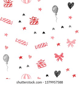 Light Red vector seamless backdrop in holiday style. Design in xmas style with aheart, baloon, candy, gift, star, ribbon. Pattern for birthday gifts.
