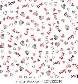 Light Red vector seamless background with words of love, hearts. Illustration with phrase LOVE YOU, hearts for valentine's day. Texture for window blinds, curtains.
