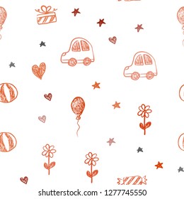 Light Red vector seamless background with xmas attributes. Design in xmas style with a toy car, heart, baloon, tulip, candy, ball. Design for colorful commercials.