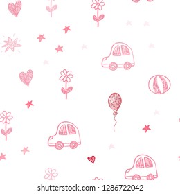 Light Red vector seamless background with xmas attributes. Illustration with a gradient toy car, heart, baloon, tulip, candy, ball. Design for holiday adverts.