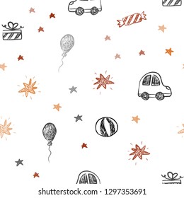 Light Red vector seamless background in xmas style. Illustration with a gradient toy car, baloon, candy, star, ball. Design for holiday adverts.