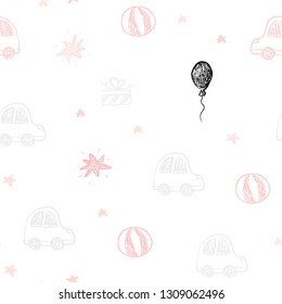 Light Red vector seamless background in xmas style. Abstract illustration with a toy car, baloon, candy, star, ball. Template for new year postcards.