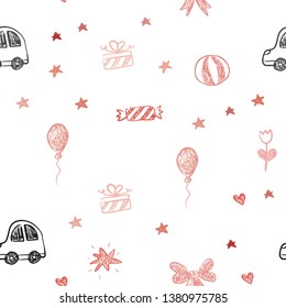 Light Red vector seamless background with xmas attributes. Design in xmas style with a toy car, heart, baloon, tulip, candy, ball. Pattern for carnival, festival ads.