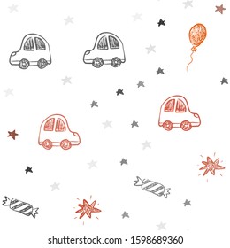 Light Red vector seamless background in xmas style. Illustration with a colorful toy car, baloon, candy, star, ball. Design for colorful commercials.