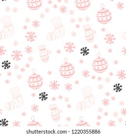 Light Red vector seamless cover with beautiful snowflakes, balls, socks, mittens. Colorful xmas elements with gradient. Pattern for trendy fabric, wallpapers.