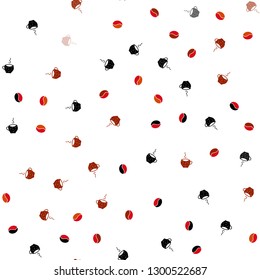 Light Red vector seamless cover with set of coffee beans. Colorful illustration with gradient coffee beans, mugs. Pattern for ads of breakfast, lunch, dinner.