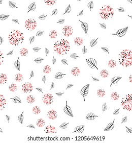 Light Red vector seamless doodle pattern with leaves, flowers. Glitter abstract illustration with leaves and flowers. Template for business cards, websites.