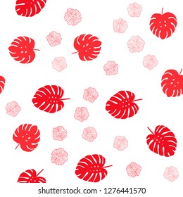 Light Red vector seamless doodle pattern with flowers, leaves. Creative illustration in blurred style with leaves, flowers. Texture for window blinds, curtains.
