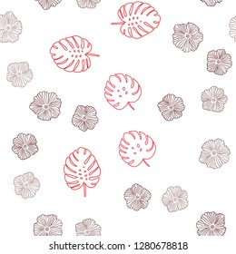 Light Red vector seamless doodle background with flowers, leaves. Leaves and flowers with gradient on white background. Texture for window blinds, curtains.