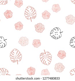 Light Red vector seamless elegant background with flowers, leaves. Leaves, flowers in natural style on white background. Pattern for design of fabric, wallpapers.