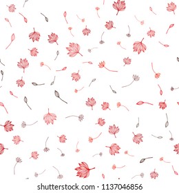 Light Red vector seamless hand painted background. Colorful illustration in doodle style with leaves. Pattern for heads of websites and designs.