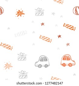 Light Red vector seamless layout in new year style. Illustration with a gradient toy car, baloon, candy, star, ball. Pattern for carnival, festival ads.