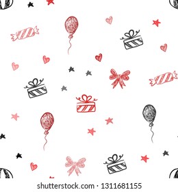 Light Red vector seamless layout in new year style. Shining illustration with aheart, baloon, candy, gift, star, ribbon. Design for colorful commercials.