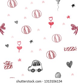 Light Red vector seamless layout with new year gifts. Illustration with a gradient toy car, heart, baloon, tulip, candy, ball. Design for holiday adverts.