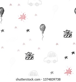 Light Red vector seamless layout in new year style. Illustration with a colorful toy car, baloon, candy, star, ball. Design for holiday adverts.