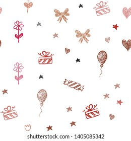 Light Red vector seamless layout in new year style. Colorful illustration with aheart, baloon, candy, gift, star, ribbon. Pattern for carnival, festival ads.