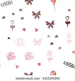 Light Red vector seamless layout in new year style. Abstract illustration with aheart, baloon, candy, gift, star, ribbon. Template for new year postcards.