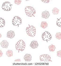 Light Red vector seamless natural pattern with flowers, leaves. Leaves, flowers in natural style on white background. Pattern for design of fabric, wallpapers.