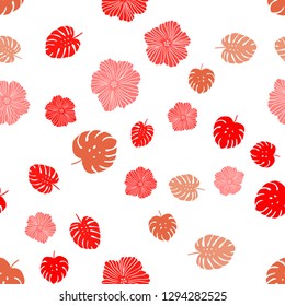 Light Red vector seamless natural background with flowers, leaves. Illustration with doodles on abstract template. Template for business cards, websites.