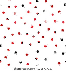 Light Red vector seamless pattern with coffee beans, cups. Glitter abstract backdrop with gradient mugs, coffee grains. Pattern for ads of breakfast, lunch, dinner.