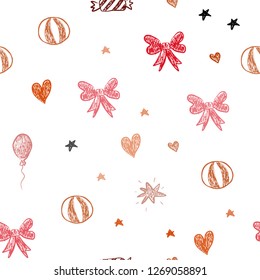 Light Red vector seamless pattern with christmas toys. Colorful illustration with a toy car, heart, baloon, tulip, candy, ball. Design for colorful commercials.