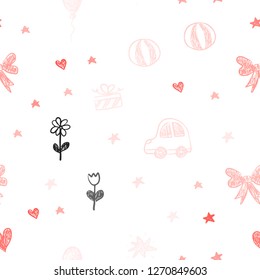 Light Red vector seamless pattern with christmas toys. Illustration with a gradient toy car, heart, baloon, tulip, candy, ball. Design for holiday adverts.