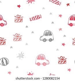 Light Red vector seamless pattern in christmas style. Colorful illustration with a toy car, baloon, candy, star, ball. Pattern for carnival, festival ads.